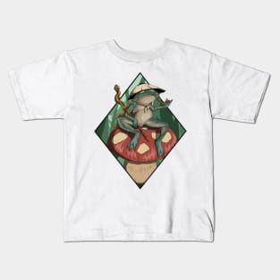 Sage frog chilling on toadstool black diamond frame version Kids T-Shirt